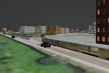 Model of a car and a train in the scenario.